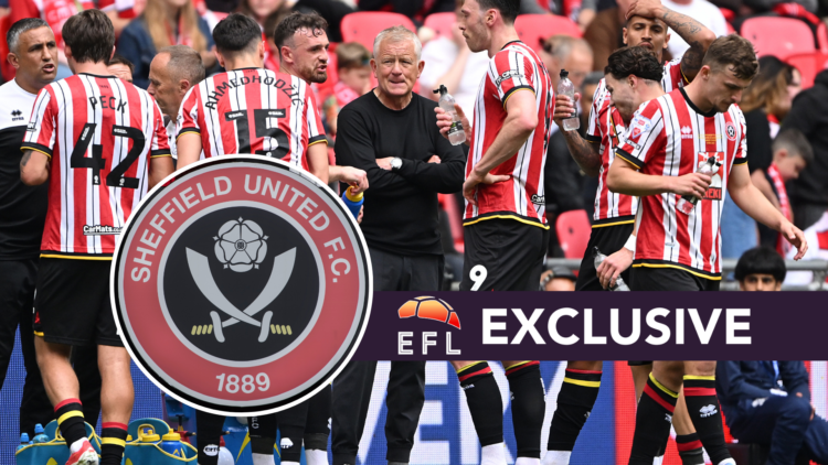 Chris Wilder and his Sheffield United players at Wembley. Inset, Sheffield United badge. Overlaid, exclusive branding.