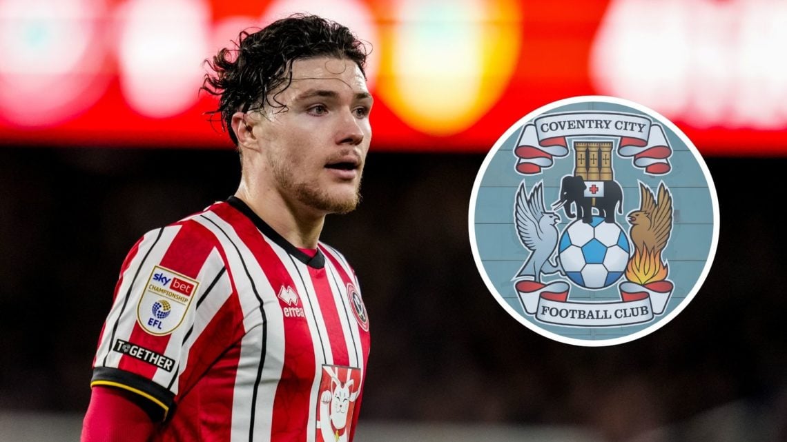 Callum O'Hare of Sheffield United looks on, Inset the official Coventry City FC badge on the side of the CBS Arena