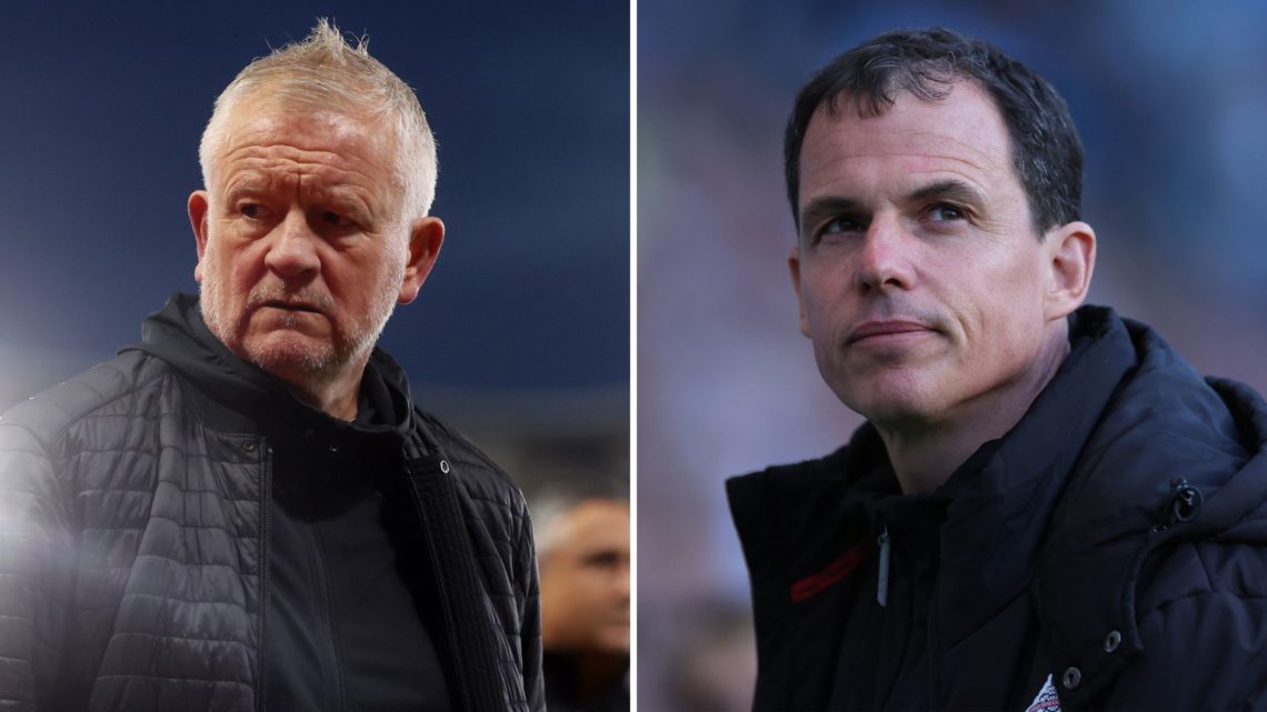 Chris Wilder, Manager of Sheffield United, looks on at half-time (L), Regis Le Bris the head coach / manager of Sunderland looks on (R)