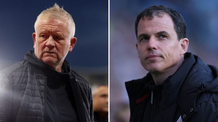 Chris Wilder, Manager of Sheffield United, looks on at half-time (L), Regis Le Bris the head coach / manager of Sunderland looks on (R)