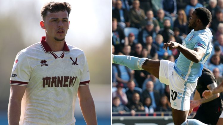 Harrison Burrows of Sheffield United looks onwards (L), Ephron Mason-Clark of Coventry City FC stretches for the ball with his leg (R)