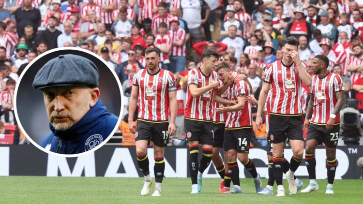 Harrison Burrows of Sheffield scores and celebrates with his team but his goal is ruled out for offside during the Sky Bet Championship Play-Off Fi...