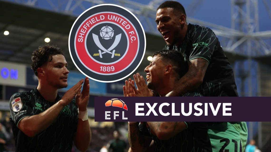 An image of Vinicius Souza celebrating with Sheffield United teammates, an inset of the Sheffield United badge and an exclusive banner.