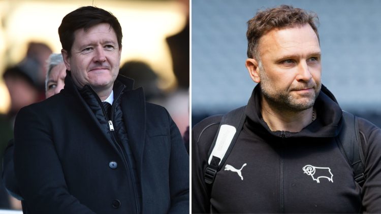 Stephen Pearce, Chief Executive, watches on from the director’s box (L), John Eustace, manager for Derby County, walks into the Swansea City stadiu...