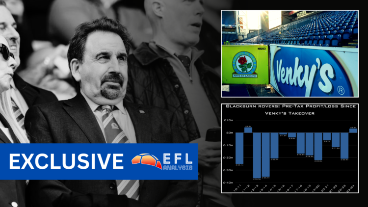 Blackburn Rovers CEO Steve Waggott, split image with Venky's signage at Ewood Park inset and 'exclusive' banner