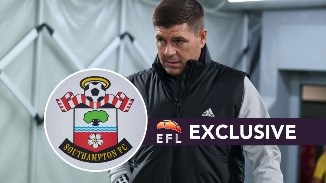 Steven Gerrard during his time at Al-Ettifaq. Inset, Southampton badge. Overlaid, exclusive branding.