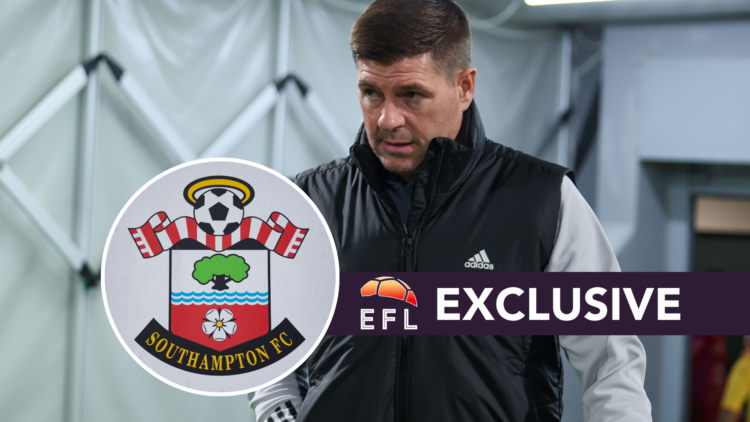 Steven Gerrard during his time at Al-Ettifaq. Inset, Southampton badge. Overlaid, exclusive branding.