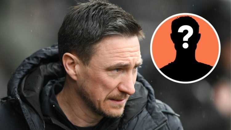 Stuart Maynard manages Notts County during the Sky Bet League 2 match between Notts County and Morecambe at Meadow Lane, Inset Mystery player graphic