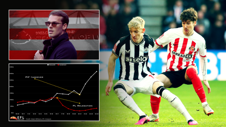 Composite image of Sunderland's Trai Hume and Newcastle United's Anthony Gordon challenge for the ball, with screenshot of finance graph and Kyril ...