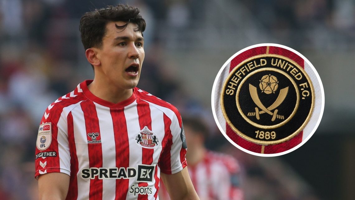 Sunderland’s Luke O’Nien shouts instructions, Inset Sheffield United club badge