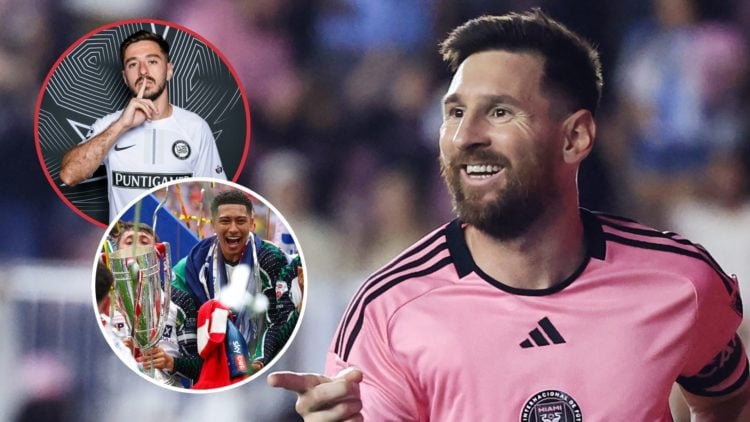 Main image, Lionel Messi #10 of Inter Miami celebrates scoring his third goal during the second half against the New England Revolution at Chase St...