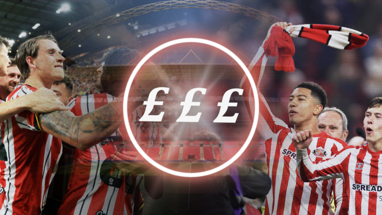 Composite image of Sunderland Sheffield United players superimposed over a picture of Championship play-off final venue Wembley Stadium