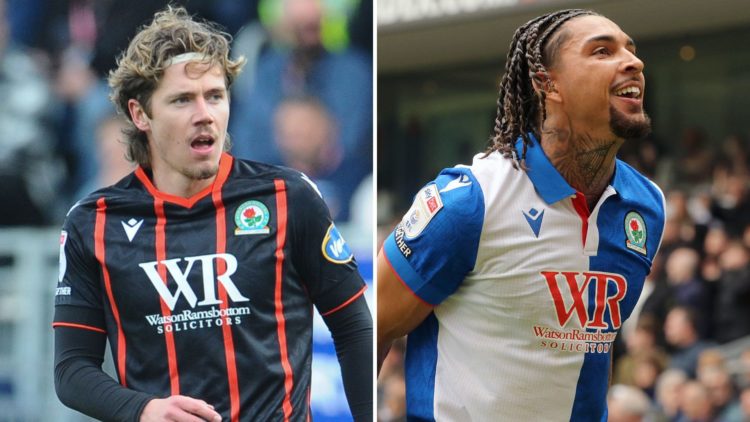 Split image of Blackburn Rovers' Todd Cantwell looking on in the match vs Portsmouth, and Tyrhys Dolan celebrating after scoring for Blackburn.