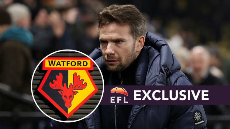 Tom Cleverley. Inset, Watford badge. Overlaid, exclusive branding.