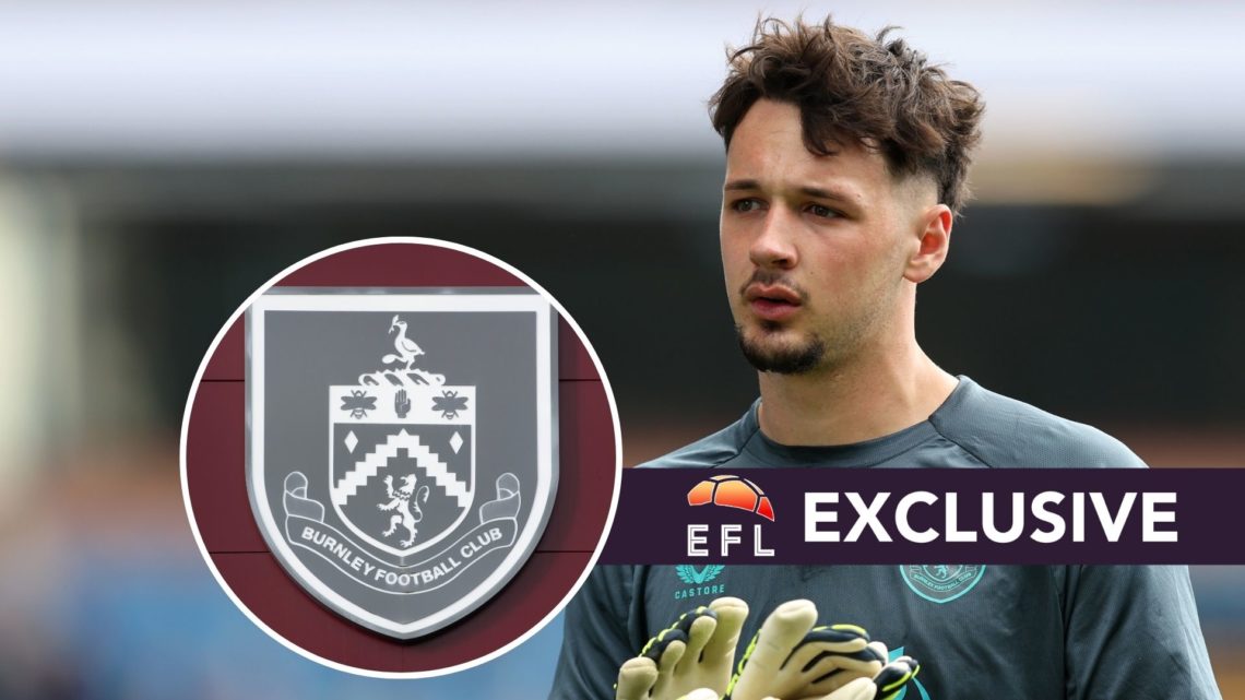 James Trafford warms up for Burnley before a Championship fixture, an inset of a Burnley badge outside Turf Moor