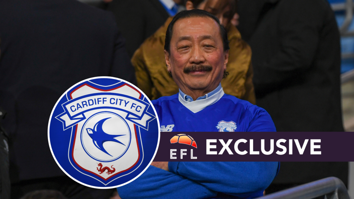 Cardiff City owner Vincent Tan. Inset, Cardiff City badge. Overlaid, exclusive branding.