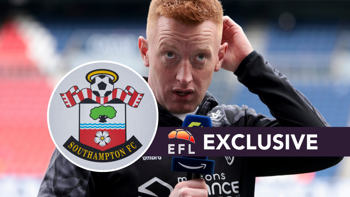Will Still during his time at Stade Reims. Inset, Southampton badge. Overlaid, exclusive branding.
