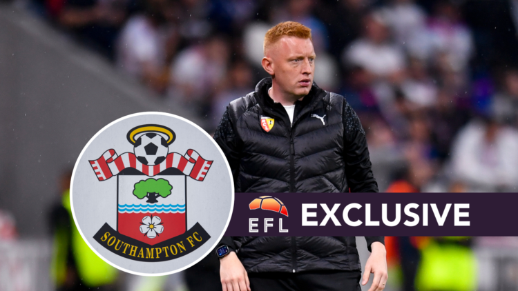 RC Lens manager Will Still. Inset, Southampton badge. Overlaid, exclusive branding.