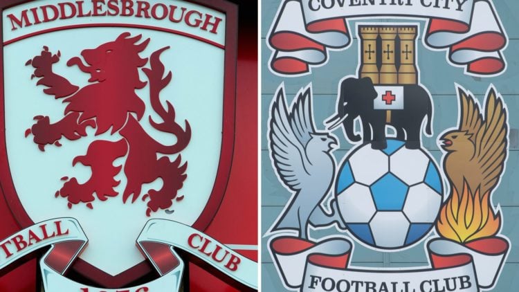 A Middlesbrough sign is seen outside the Riverside Stadium. The official Coventry City FC badge on the side of the CBS Arena.