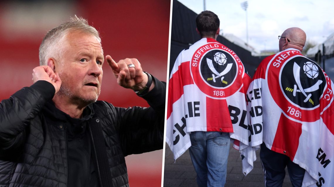 Sheffield United head coach Chris Wilder and Sheffield United fans with flags