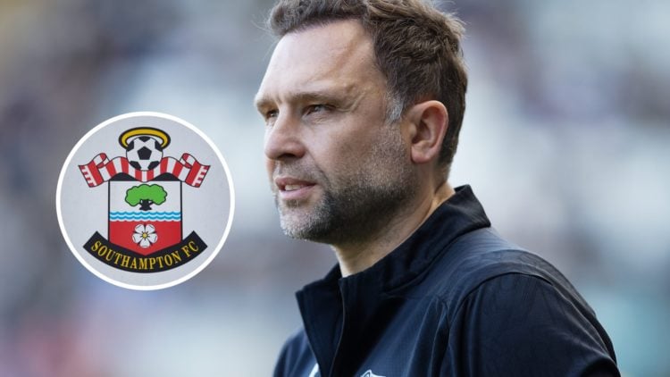 Derby County manager John Eustace. Inset, Southampton badge.