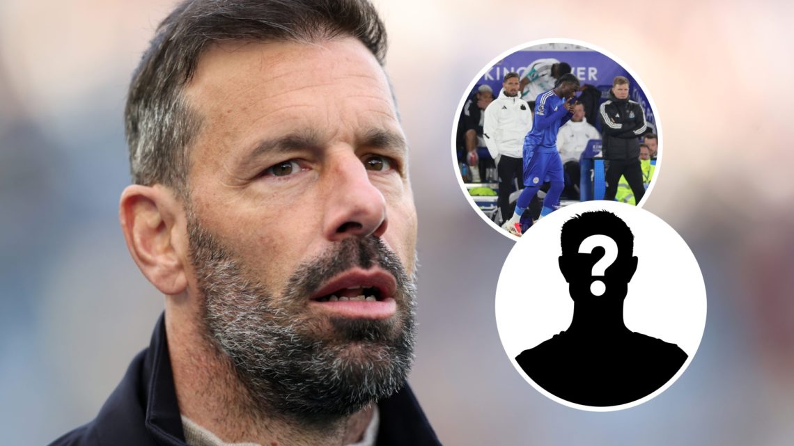Leicester City manager Ruud van Nistelrooy. Inset, Jeremy Monga and a mystery player graphic.