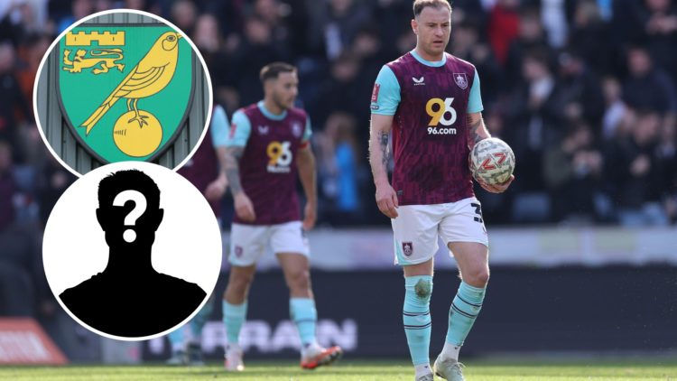 Ashley Barnes looks angered after Burnley concede a goal, an inset of the Norwich City badge, an inset of a mystery figure