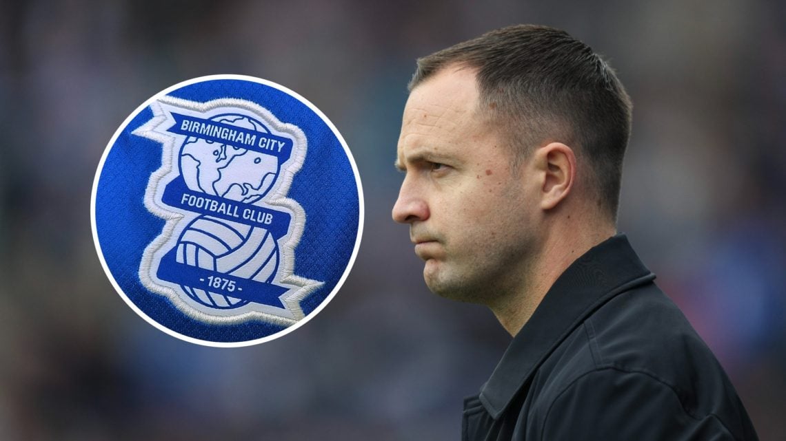 Manager Chris Davies looks on. Birmingham City badge on a shirt.