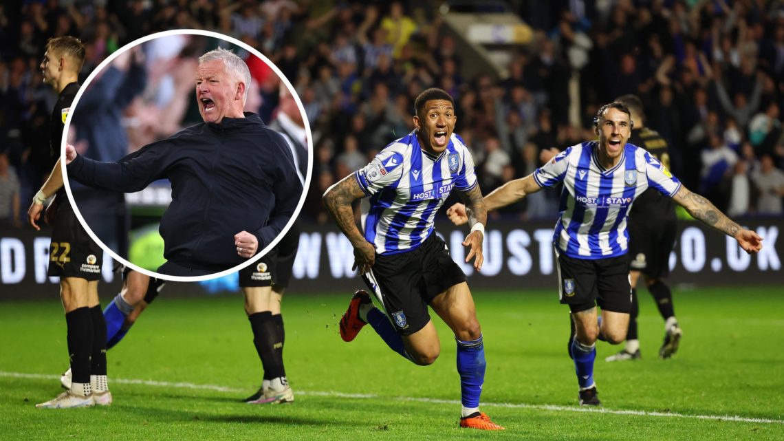Sheffield Wednesday players celebrate vs Peterborough United. Inset, Sheffield United manager Chris Wilder.