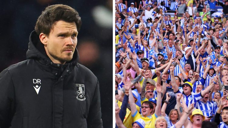 Sheffield Wednesday manager Danny Rohl looks on. View of Sheffield Wednesday fans celebrating.