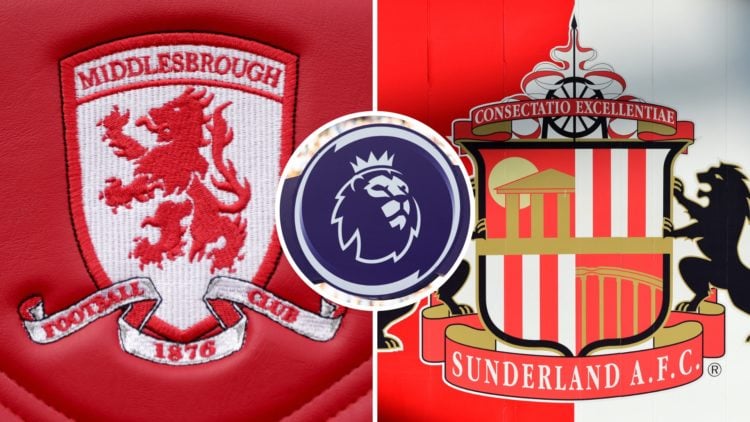 Middlesbrough badge on a chair. Sunderland crest. Premier League logo on an arch.