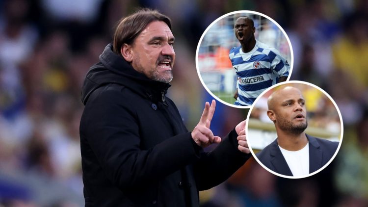 Leeds United manager Daniel Farke. Inset, Vincent Kompany and Reading striker Leroy Lita.