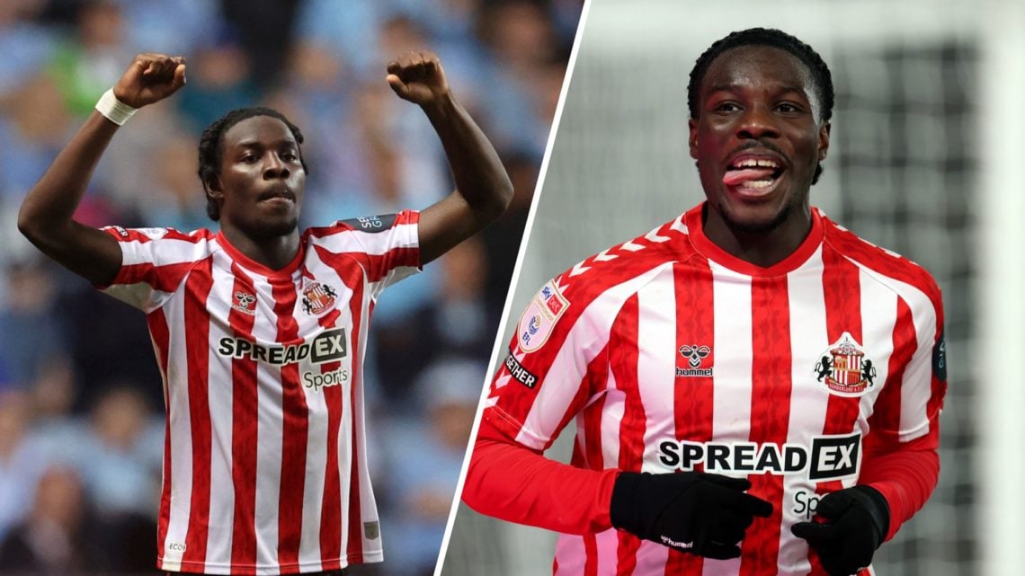 Eliezer Mayenda celebrates scoring for Sunderland with his arms aloft, Eliezer Mayenda sticks his tongue out while celebrating a goal