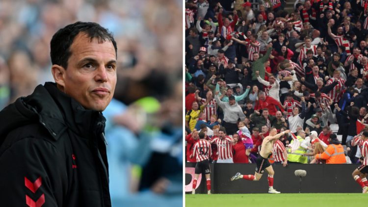 Regis Le Bris watches on during Coventry City vs Sunderland, Dan Ballard and the Sunderland team celebrate their late winner