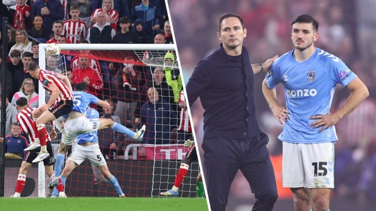 Sunderland's Dan Ballard scores a header against Coventry City, Frank Lampard consoles a dejected Liam Kitching after Coventry's play-off semi-fina...