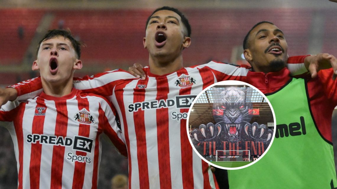 Sunderland stars Chris Rigg, Jobe Bellingham and Wilson Isidor. Inset, a tifo from the Stadium of Light.