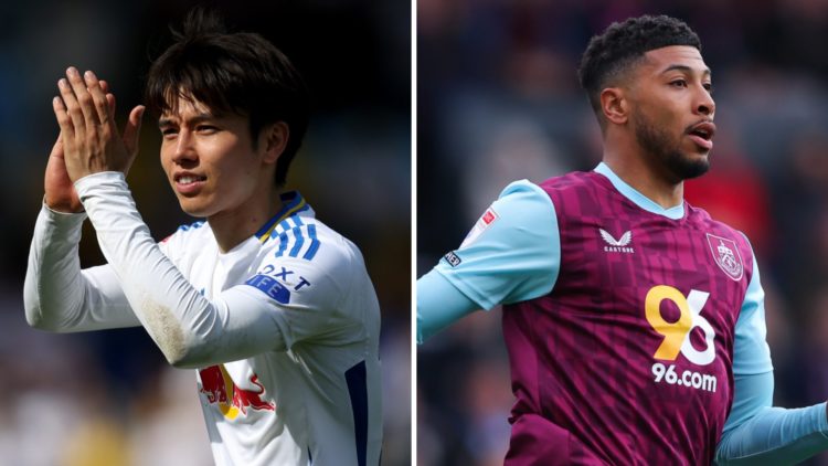 Ao Tanaka of Leeds United celebrates. Josh Laurent playing for Burnley.