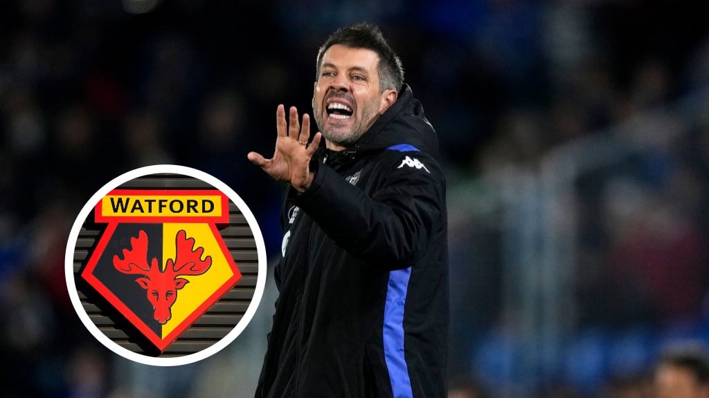 Paulo Pezzolano. Inset, Watford badge.