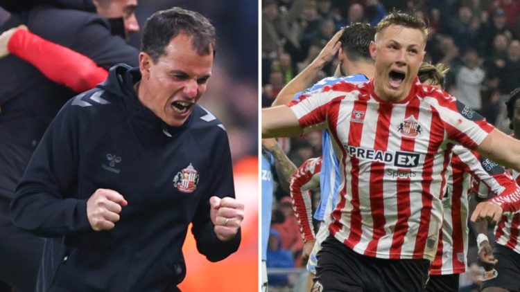 Sunderland manager Regis Le Bris celebrates. Dan Bullard scores last minute winner.