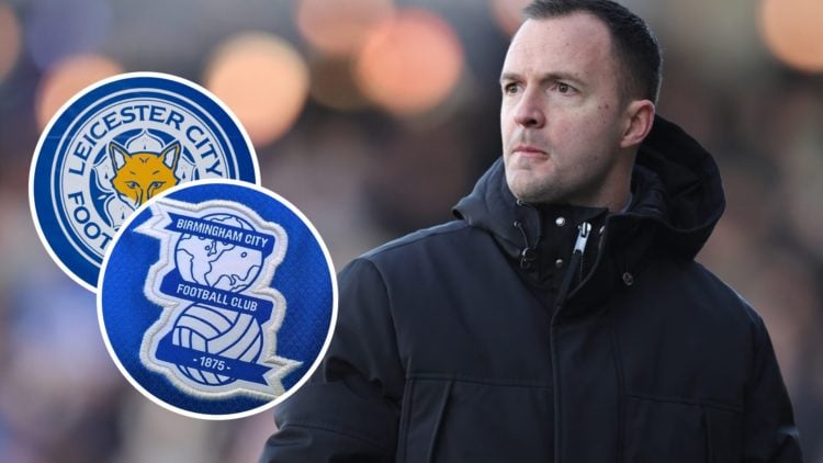 Manager Chris Davies looks on. Birmingham City badge on a shirt. Leicester City club crest.