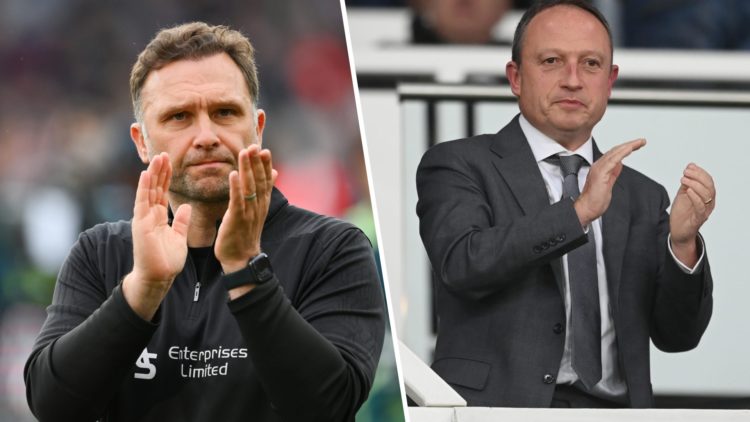 A split image featuring Derby County boss John Eustace and club owner David Clowes