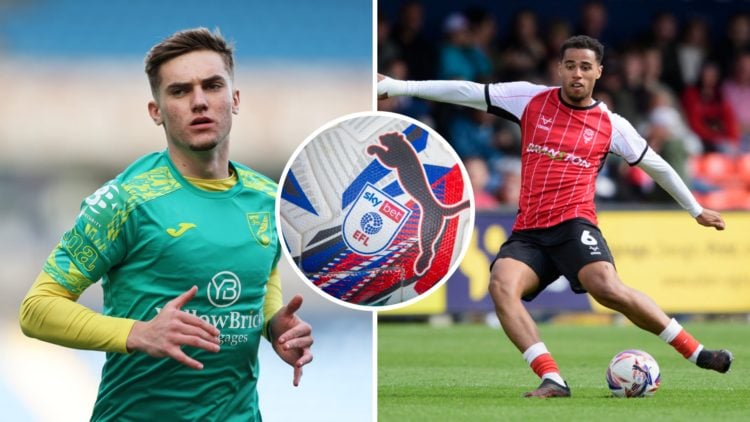 Split image of Norwich City's Jacob Wright and Lincoln City's Ethan Erhahon. Inset, EFL football.