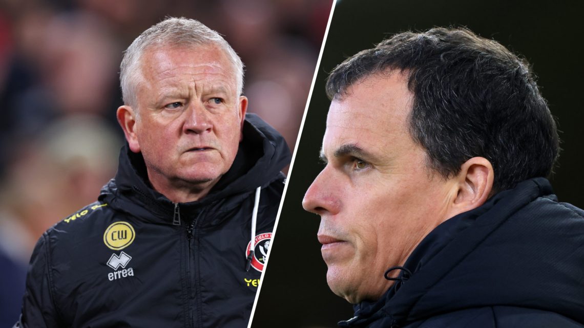Sheffield United manager Chris Wilder looks on. Sunderland manager Regis le Bris looks on.
