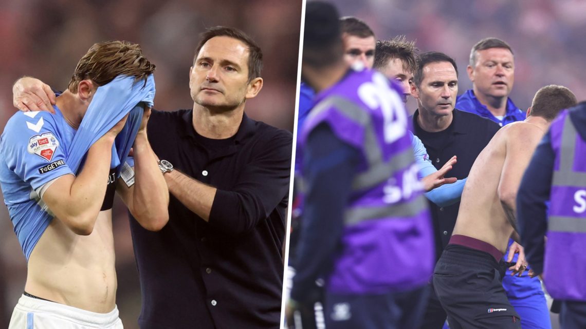 Frank Lampard comforts Jack Rudoni. People push away Sunderland fan.