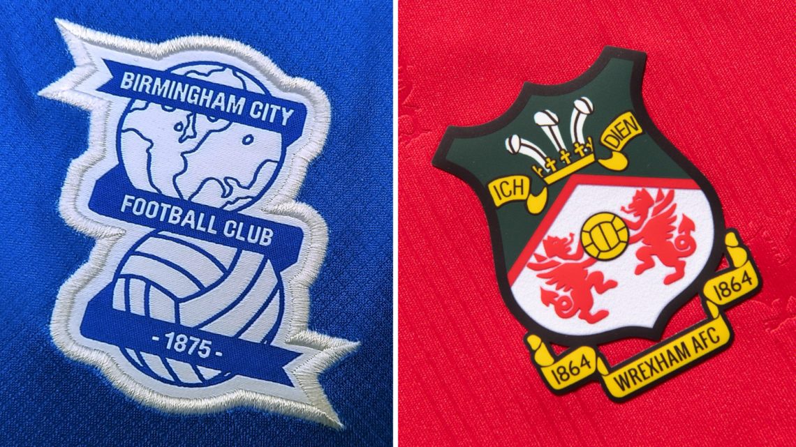 A split image of the Birmingham City and Wrexham badges