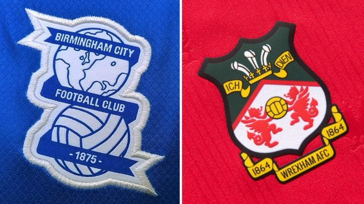 A split image of the Birmingham City and Wrexham badges