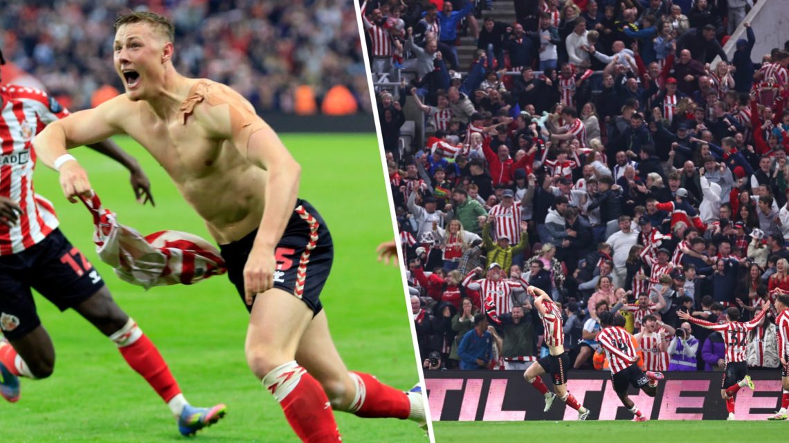 Dan Bullard celebrates his winning goal versus Coventry City. Sunderland players celebrate play off win with their fans.