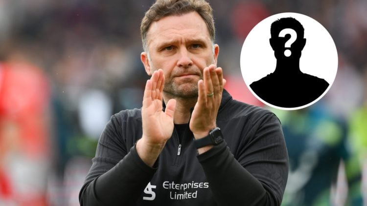 John Eustace applauds the Derby County fans after a Championship fixture, an inset of a mystery man