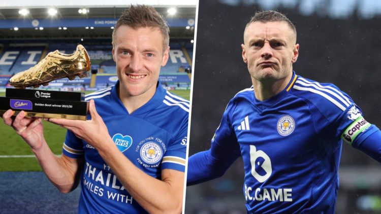 Jamie Vardy holding Premier League Golden Boot for the 2019-20 season. Jamie Vardy celebrating scoring a goal vs Tottenham.
