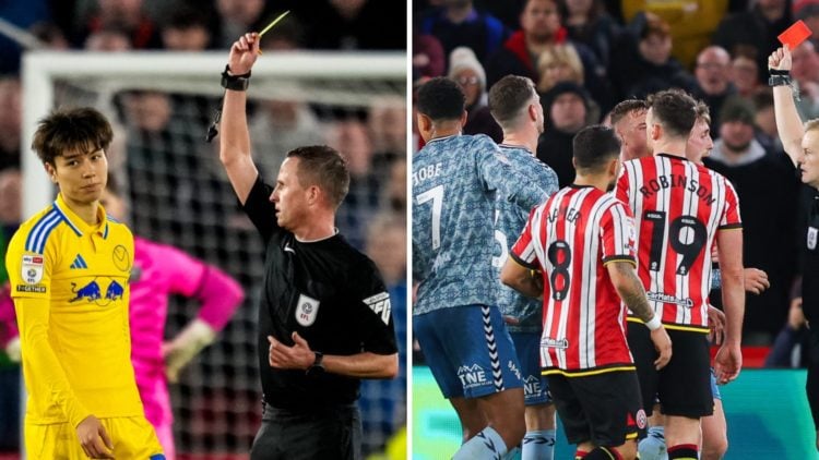 Tanaka of Leeds United receives a yellow card from referee David Webb during the Sky Bet Championship match between Sheffield United FC and Leeds U...
